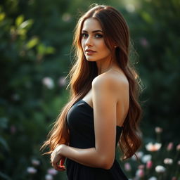 A beautiful woman standing gracefully in a serene nature setting, with soft, natural lighting highlighting her silhouette