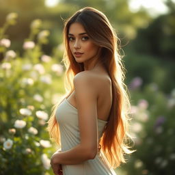 A beautiful woman standing gracefully in a serene nature setting, with soft, natural lighting highlighting her silhouette