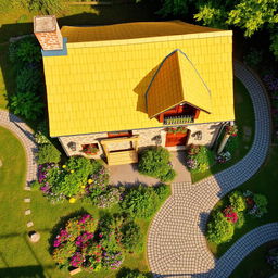 A picturesque top-down view of a charming European cottage, featuring a bright yellow shingled roof