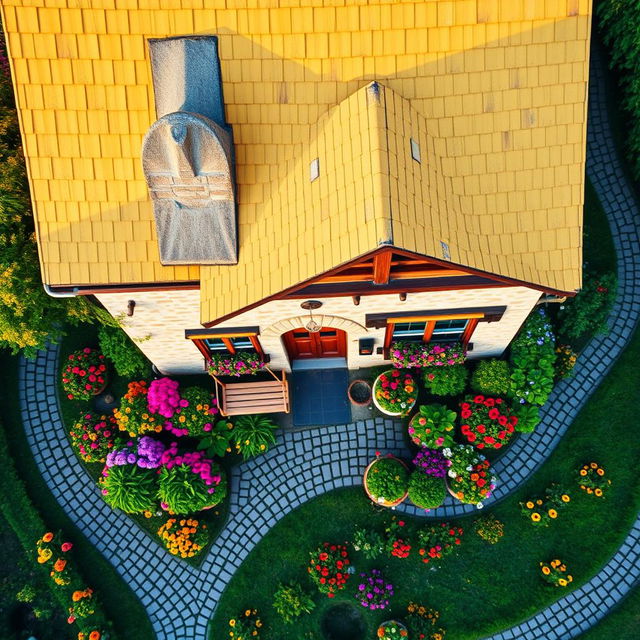 A picturesque top-down view of a charming European cottage, featuring a bright yellow shingled roof