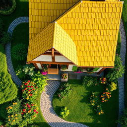 A picturesque top-down view of a charming European cottage, featuring a bright yellow shingled roof