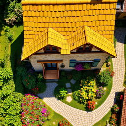 A picturesque top-down view of a charming European cottage, featuring a bright yellow shingled roof