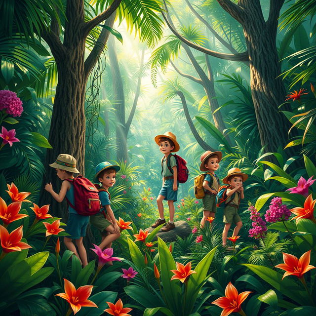 A vibrant scene featuring a group of young explorers, known as the "Jungle Boys," immersed in a lush, dense jungle filled with exotic plants, vibrant flowers, and towering trees