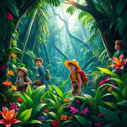 A vibrant scene featuring a group of young explorers, known as the "Jungle Boys," immersed in a lush, dense jungle filled with exotic plants, vibrant flowers, and towering trees
