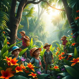 A vibrant scene featuring a group of young explorers, known as the "Jungle Boys," immersed in a lush, dense jungle filled with exotic plants, vibrant flowers, and towering trees