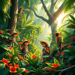 A vibrant scene featuring a group of young explorers, known as the "Jungle Boys," immersed in a lush, dense jungle filled with exotic plants, vibrant flowers, and towering trees