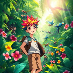 A vibrant jungle scene in a colorful anime style, featuring a lively teenager exploring the lush greenery