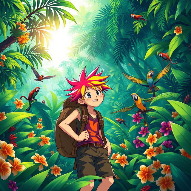 A vibrant jungle scene in a colorful anime style, featuring a lively teenager exploring the lush greenery