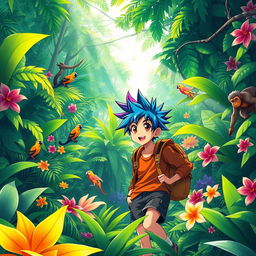 A vibrant jungle scene in a colorful anime style, featuring a lively teenager exploring the lush greenery