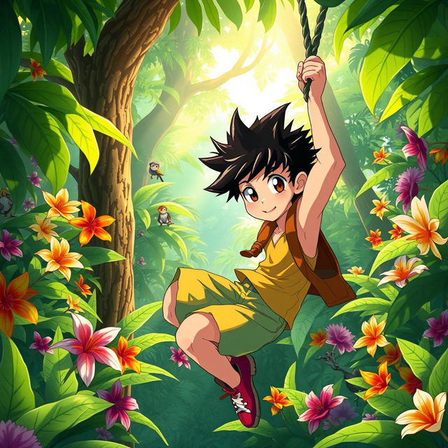 A vibrant and lively jungle setting inspired by anime, featuring a teenage character with bright, colorful clothes and spiky hair, swinging from vines amidst lush greenery