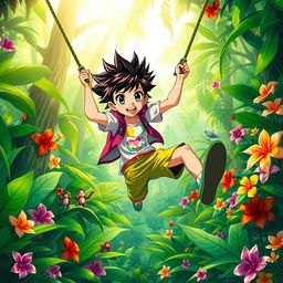 A vibrant and lively jungle setting inspired by anime, featuring a teenage character with bright, colorful clothes and spiky hair, swinging from vines amidst lush greenery