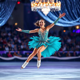A captivating image of a female ice skater performing a stunning routine on an illuminated ice rink