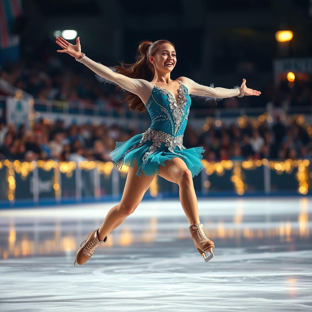 A captivating image of a female ice skater performing a stunning routine on an illuminated ice rink