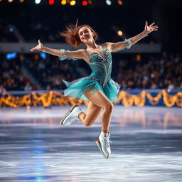 A captivating image of a female ice skater performing a stunning routine on an illuminated ice rink
