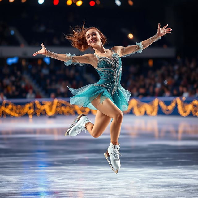 A captivating image of a female ice skater performing a stunning routine on an illuminated ice rink