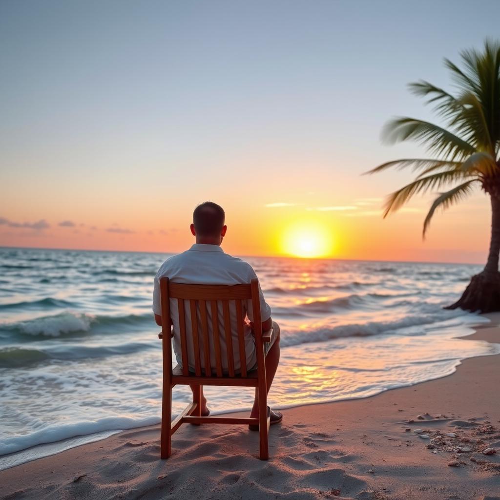 A serene scene featuring a man sitting on a wooden chair facing the vast ocean, with gentle waves lapping at the shore