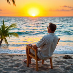 A serene scene featuring a man sitting on a wooden chair facing the vast ocean, with gentle waves lapping at the shore