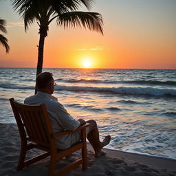 A serene scene featuring a man sitting on a wooden chair facing the vast ocean, with gentle waves lapping at the shore