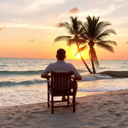 A serene scene featuring a man sitting on a wooden chair facing the vast ocean, with gentle waves lapping at the shore