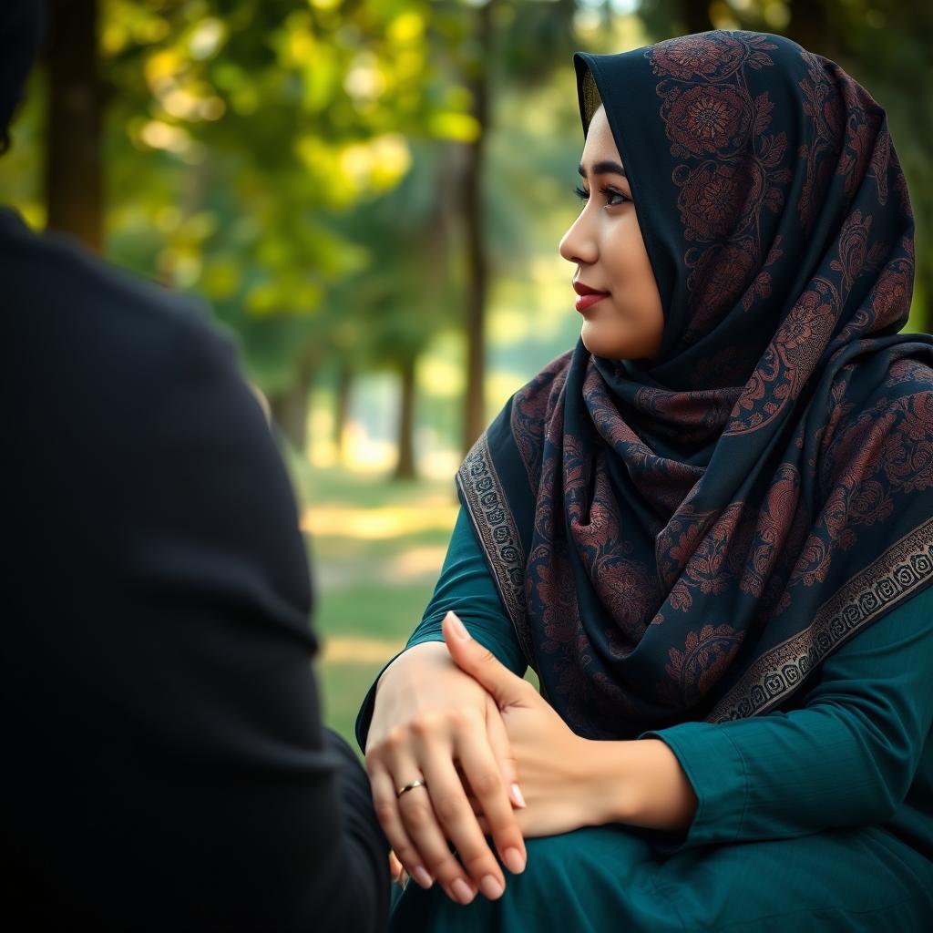 A serene scene of a young woman sitting beside a person, holding hands together affectionately