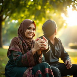 A serene scene of a young woman sitting beside a person, holding hands together affectionately