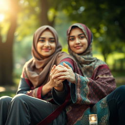 A serene scene of a young woman sitting beside a person, holding hands together affectionately