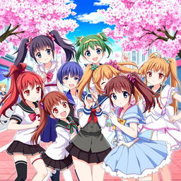 A vibrant, colorful scene featuring a group of anime girls with various ponytail hairstyles