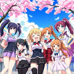 A vibrant, colorful scene featuring a group of anime girls with various ponytail hairstyles