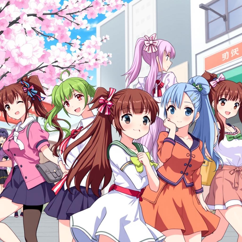 A vibrant illustration of anime-style ladies with stylish ponytails, showcasing a variety of colorful outfits and distinct personalities