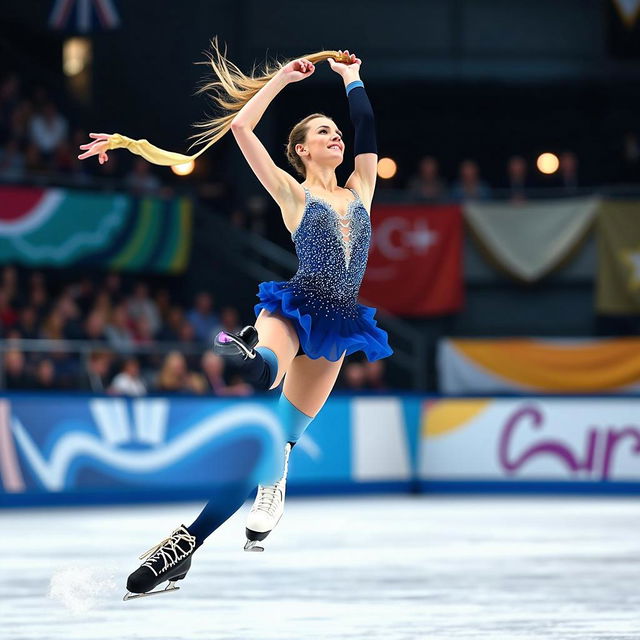 A female ice skater captured in mid-air during a stunning performance on the ice rink