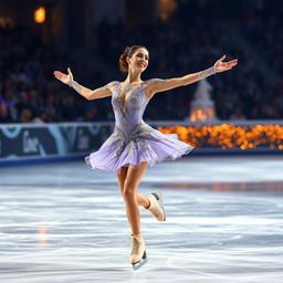 An impressive image of a female ice skater executing a flawless performance on a shimmering ice rink