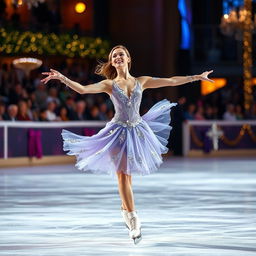 An impressive image of a female ice skater executing a flawless performance on a shimmering ice rink