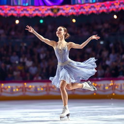 An impressive image of a female ice skater executing a flawless performance on a shimmering ice rink