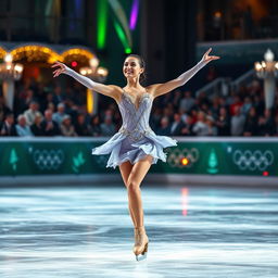 An impressive image of a female ice skater executing a flawless performance on a shimmering ice rink