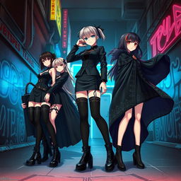 A dynamic scene featuring several anime girls dressed in stylish black outfits