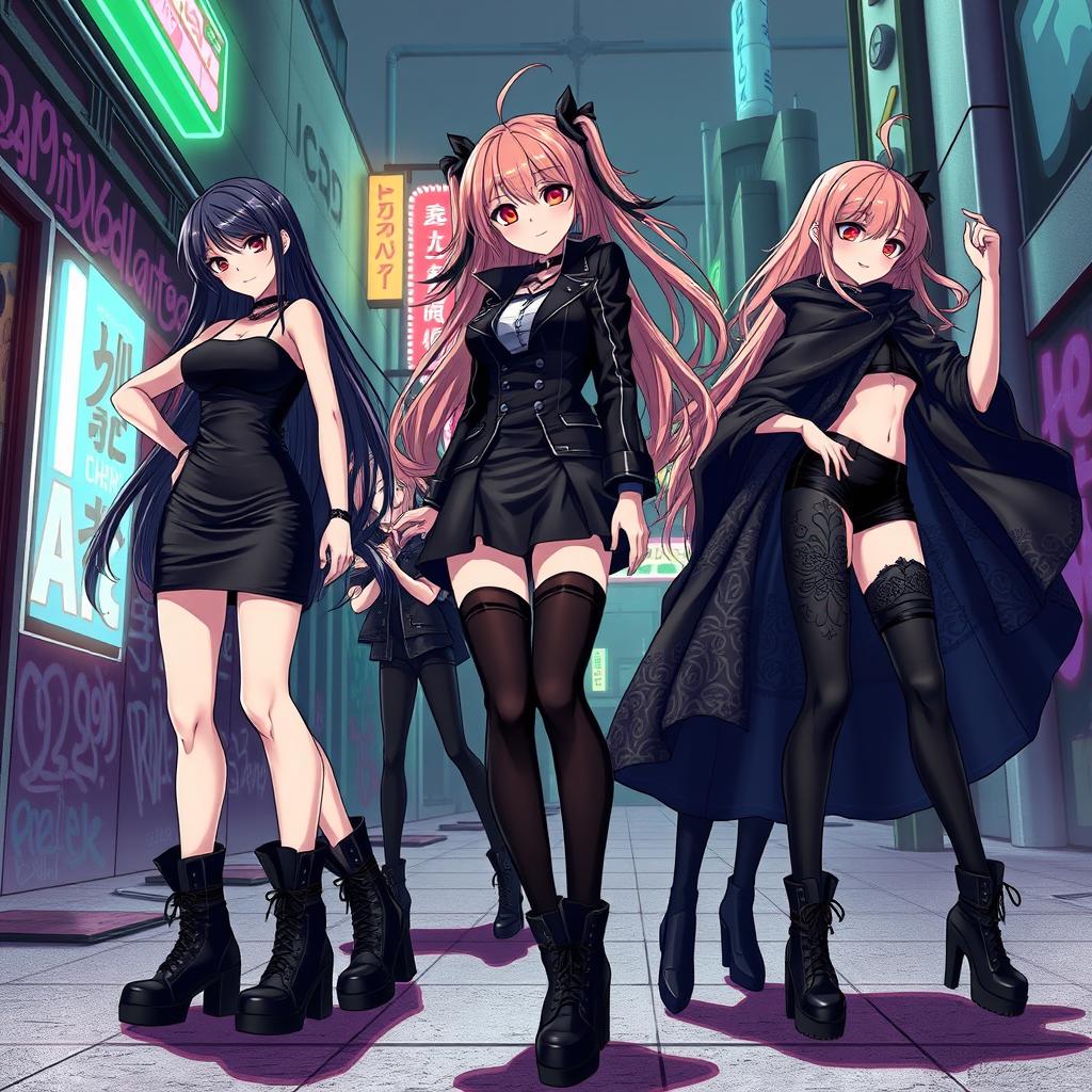 A dynamic scene featuring several anime girls dressed in stylish black outfits