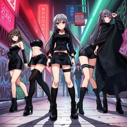 A dynamic scene featuring several anime girls dressed in stylish black outfits