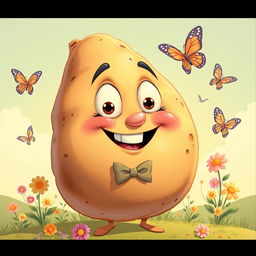 A highly detailed and exaggerated cartoon-style illustration of a big potato, characterized by its oversized shape and exaggerated features such as large, expressive eyes and a smiling mouth