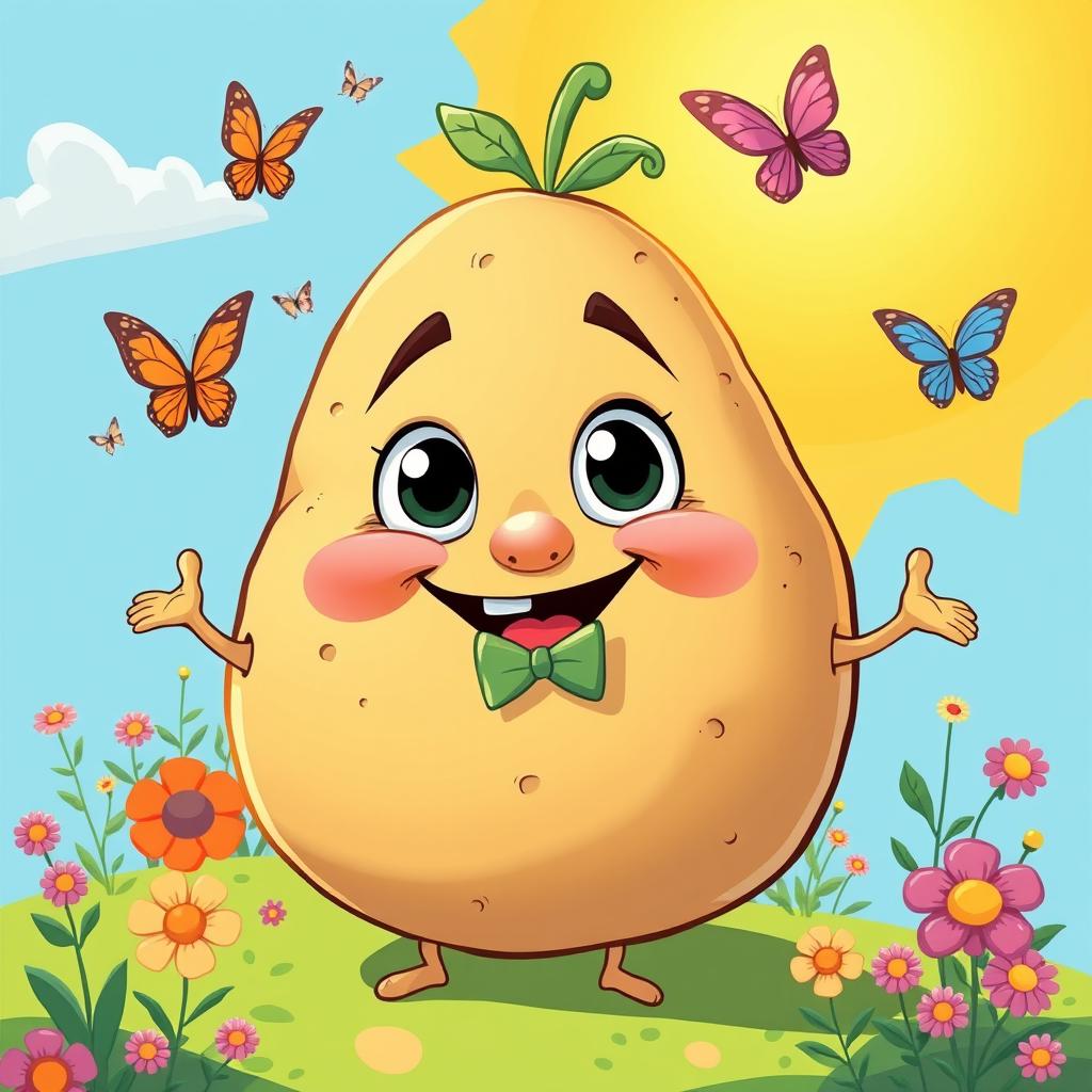 A highly detailed and exaggerated cartoon-style illustration of a big potato, characterized by its oversized shape and exaggerated features such as large, expressive eyes and a smiling mouth