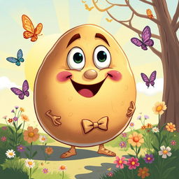 A highly detailed and exaggerated cartoon-style illustration of a big potato, characterized by its oversized shape and exaggerated features such as large, expressive eyes and a smiling mouth