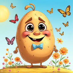 A highly detailed and exaggerated cartoon-style illustration of a big potato, characterized by its oversized shape and exaggerated features such as large, expressive eyes and a smiling mouth