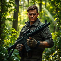 A man standing confidently in a lush green forest, holding a vintage Bren gun