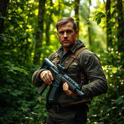 A man standing confidently in a lush green forest, holding a vintage Bren gun