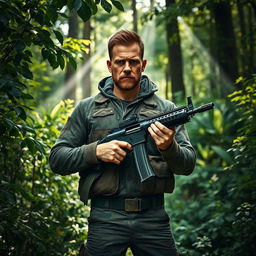 A man standing confidently in a lush green forest, holding a vintage Bren gun