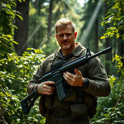 A man standing confidently in a lush green forest, holding a vintage Bren gun