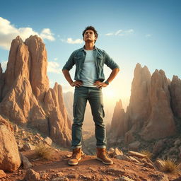 A determined person standing tall amidst various life obstacles, showcasing resilience and courage