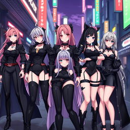 A group of anime-style ladies dressed in sleek black outfits, showcasing various fashion styles, such as streetwear, formal attire, and fantasy armor