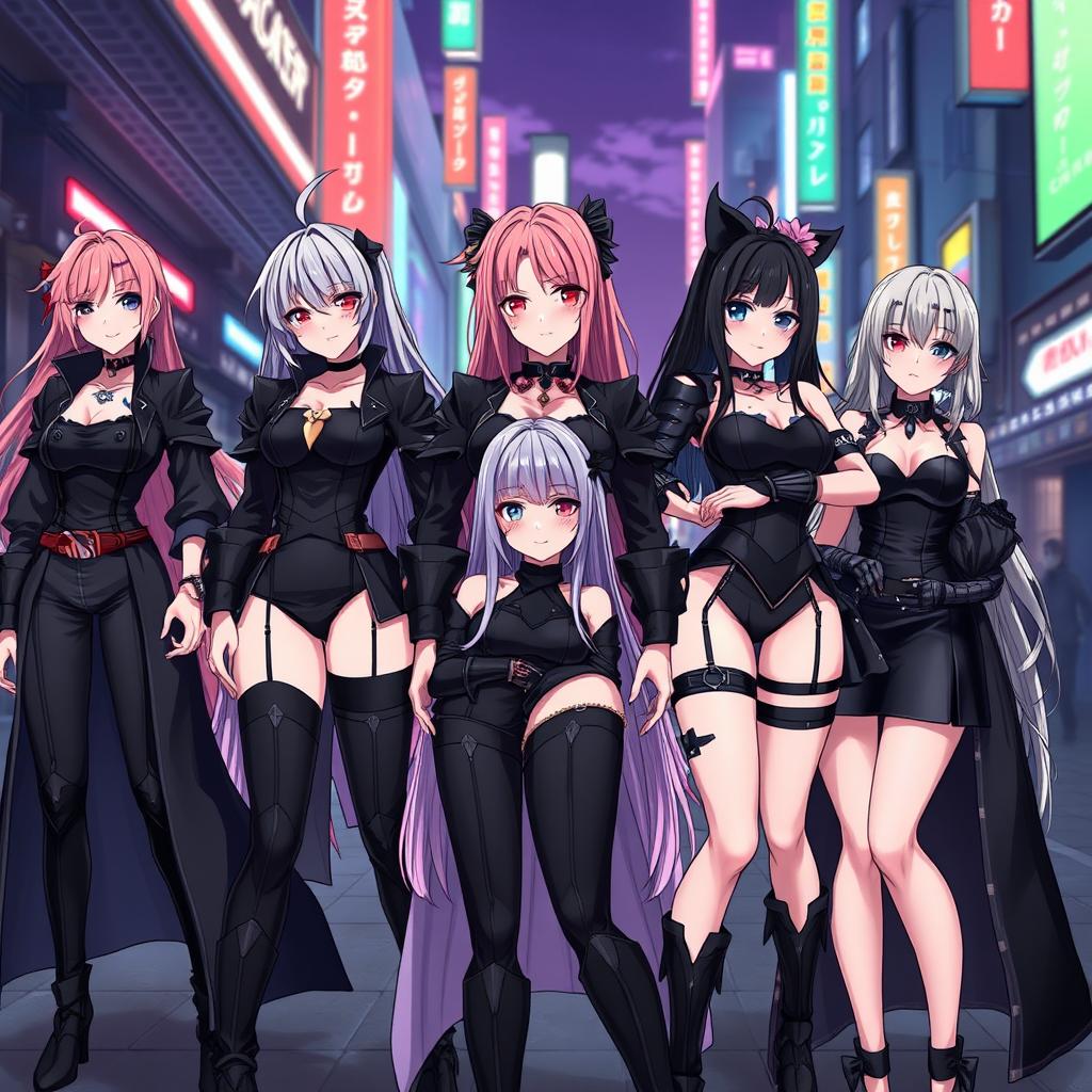 A group of anime-style ladies dressed in sleek black outfits, showcasing various fashion styles, such as streetwear, formal attire, and fantasy armor