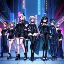 A group of anime-style ladies dressed in sleek black outfits, showcasing various fashion styles, such as streetwear, formal attire, and fantasy armor