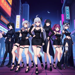 A group of anime-style ladies dressed in sleek black outfits, showcasing various fashion styles, such as streetwear, formal attire, and fantasy armor